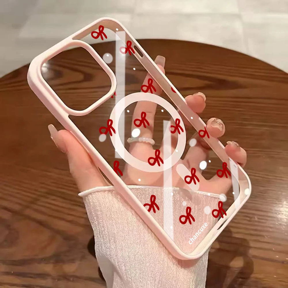 Cute Bow girl Clear Case For Magsafe iPhone 15 Pro Max 17 16 15 14 11 13 12 Pro Max Plus Cases Magnetic Wireless Charing Fundas