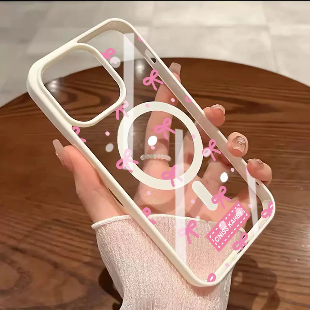Cute Bow girl Clear Case For Magsafe iPhone 15 Pro Max 17 16 15 14 11 13 12 Pro Max Plus Cases Magnetic Wireless Charing Fundas