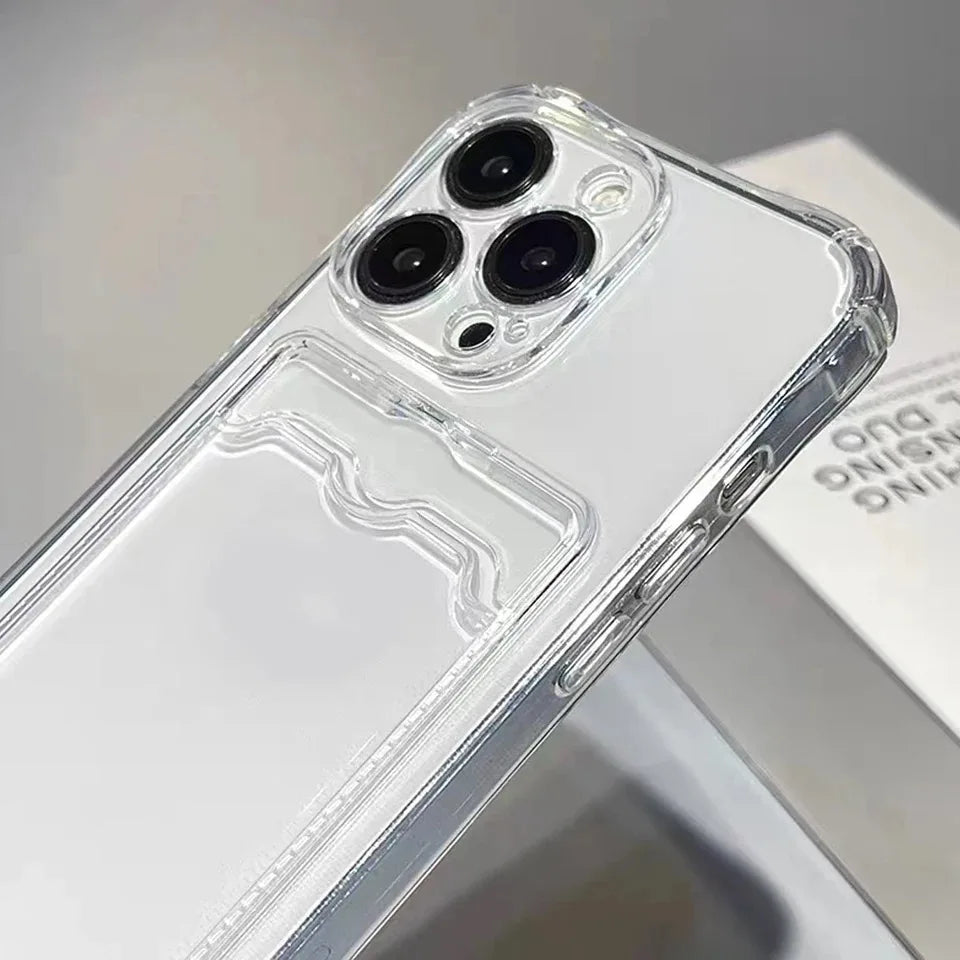 Transparent Silicone Clear Case for iPhone 17 16 15 14 13 12 11 Pro Max Shockproof Protection Soft Back Card Pocket Cover